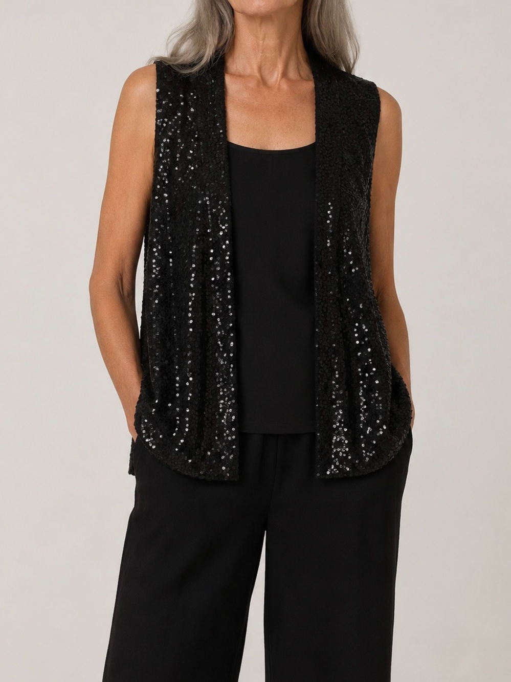 Eileen Fisher Silk and Cotton Black Sequin Open Front Vest Business Casual